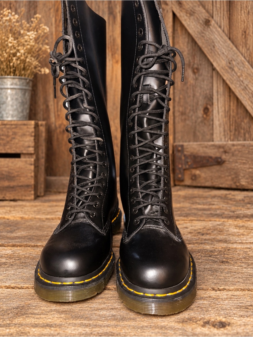 Dr. Martens Black Lace-Up Combat Boots with Yellow Stitching
